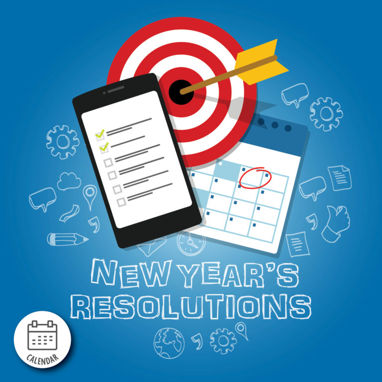 New Year's resolutions image with a checklist on a smartphone, a calendar, and a target with an arrow on a blue background.