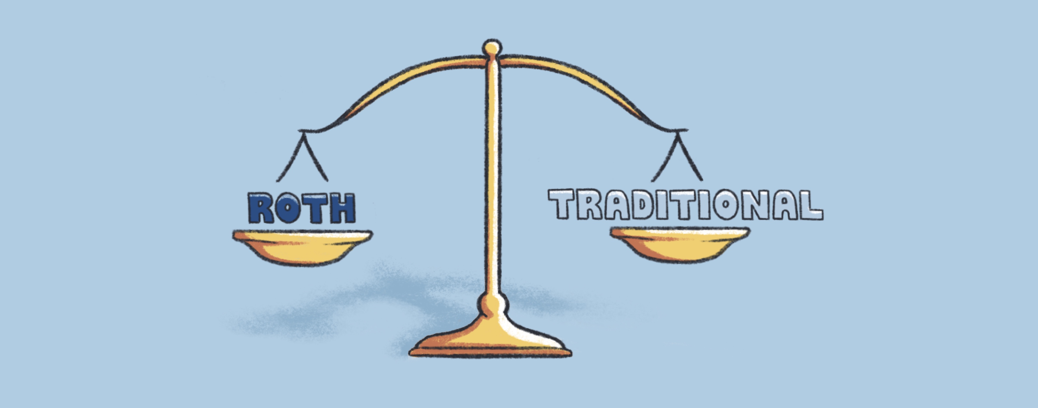 balancing scale with the word 'roth' on one side and 'traditional' on the other