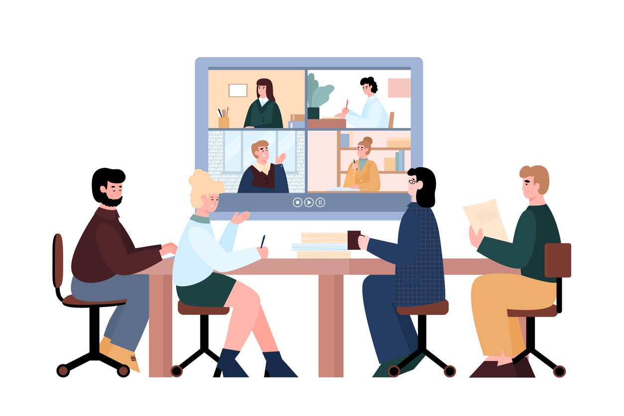 illustration of workers sitting around table in a virtual meeting