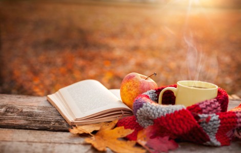 tea cup, mug, scarf, book and apple