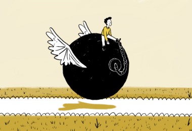 illustration of person riding on top of a large flying ball